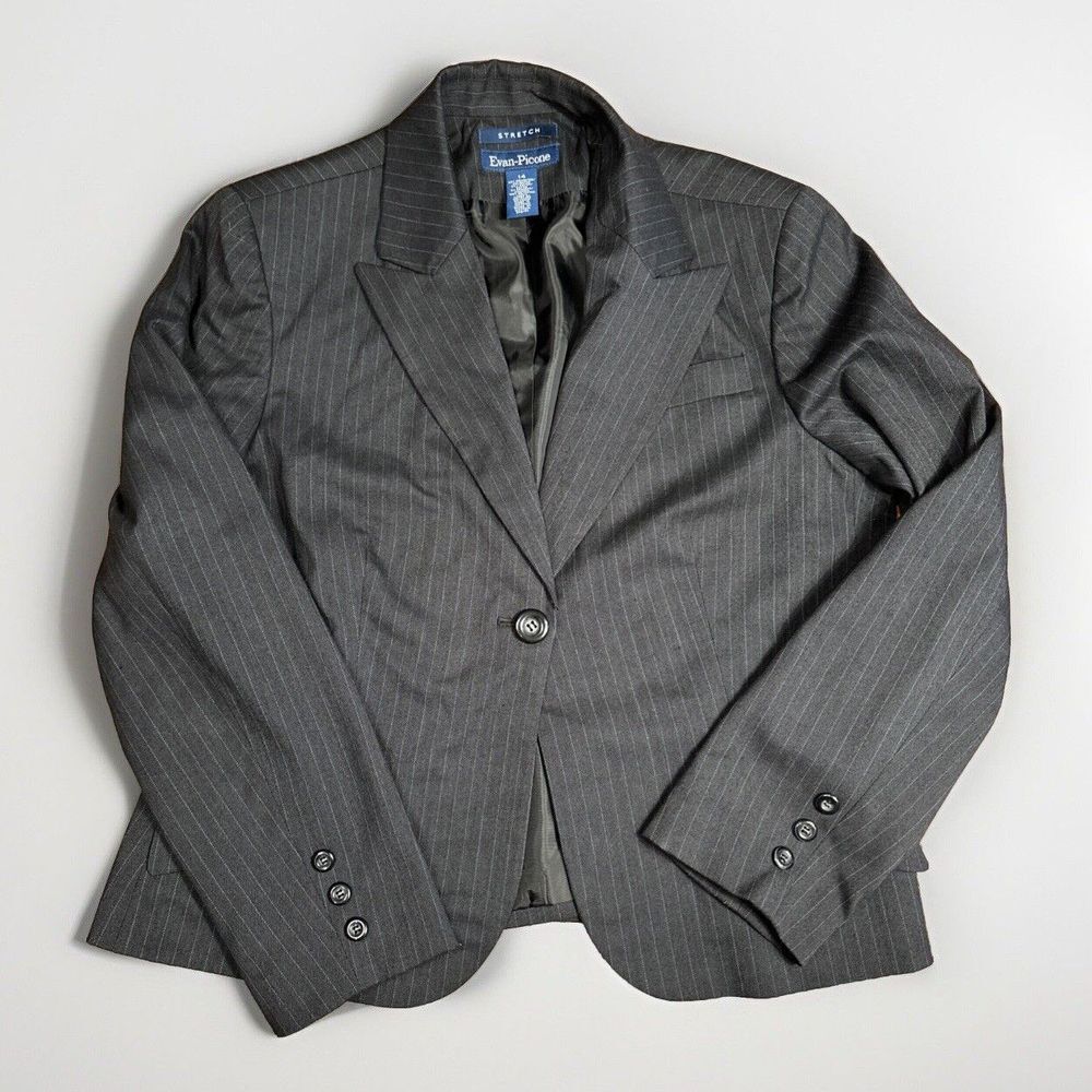 Evan Picone Stretch Black With Aqua Blue Pinstripe Women's Blazer Size 14
